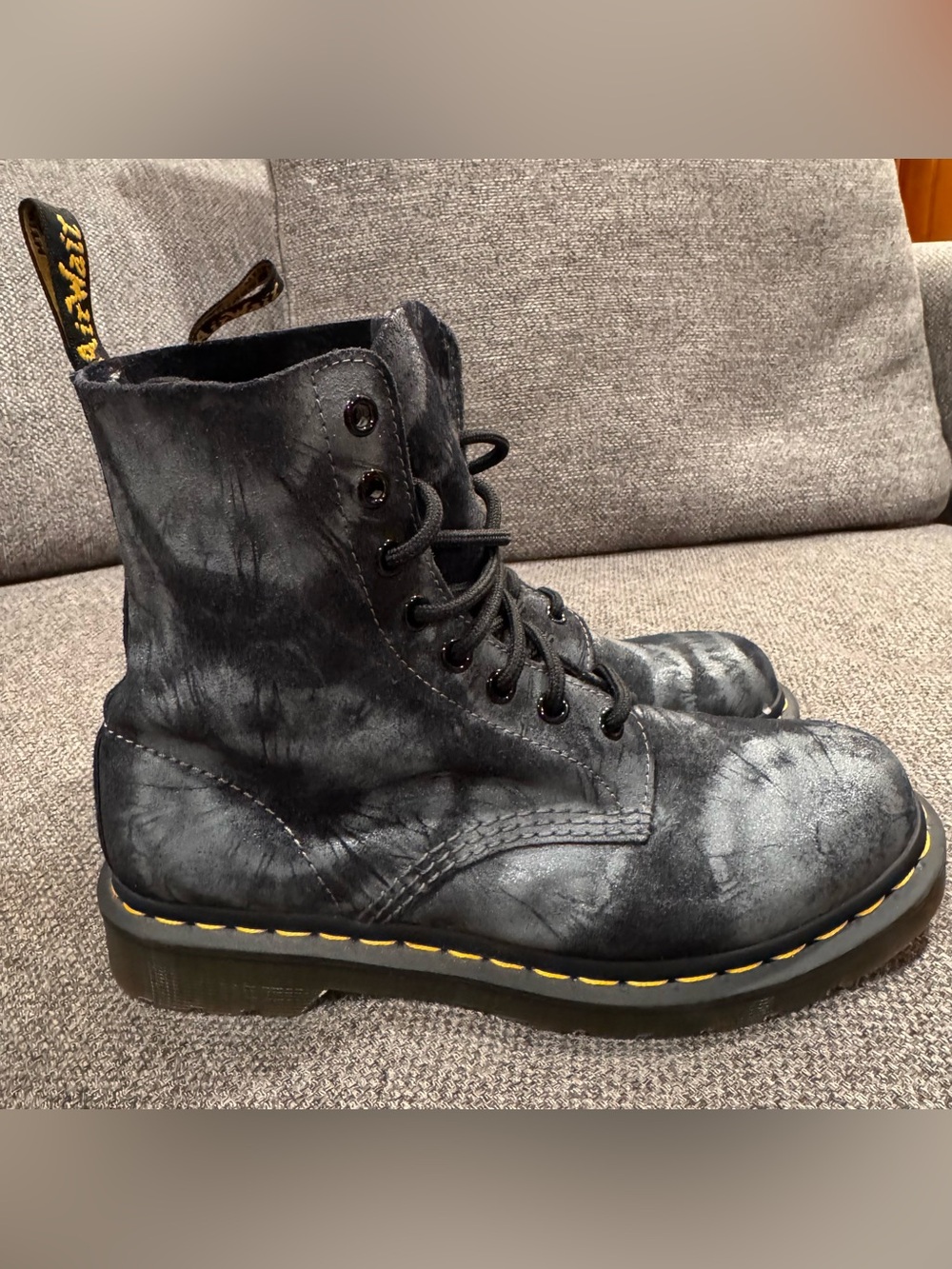 Dr. Martens Black Marble Effect 8-Eye Lace-Up Boots with Yellow Welt